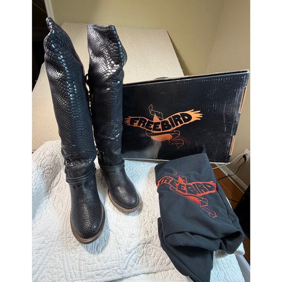 NIB Freebird Women's 9 Black Coal Snakeskin Knee High Leather Boots Designer - Picture 2 of 12